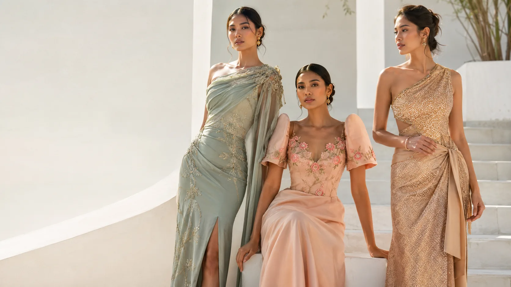 Three elegant designer dresses featuring embroidery, beadwork and refined Southeast Asian craftsmanship