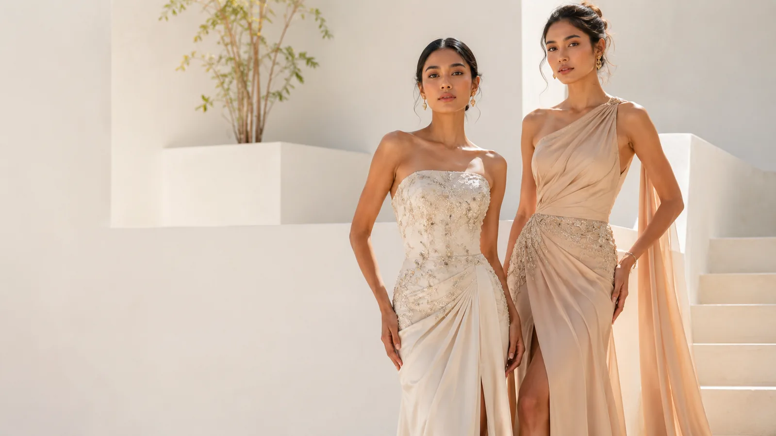 Ivory and champagne designer dresses in an elegant fashion setting